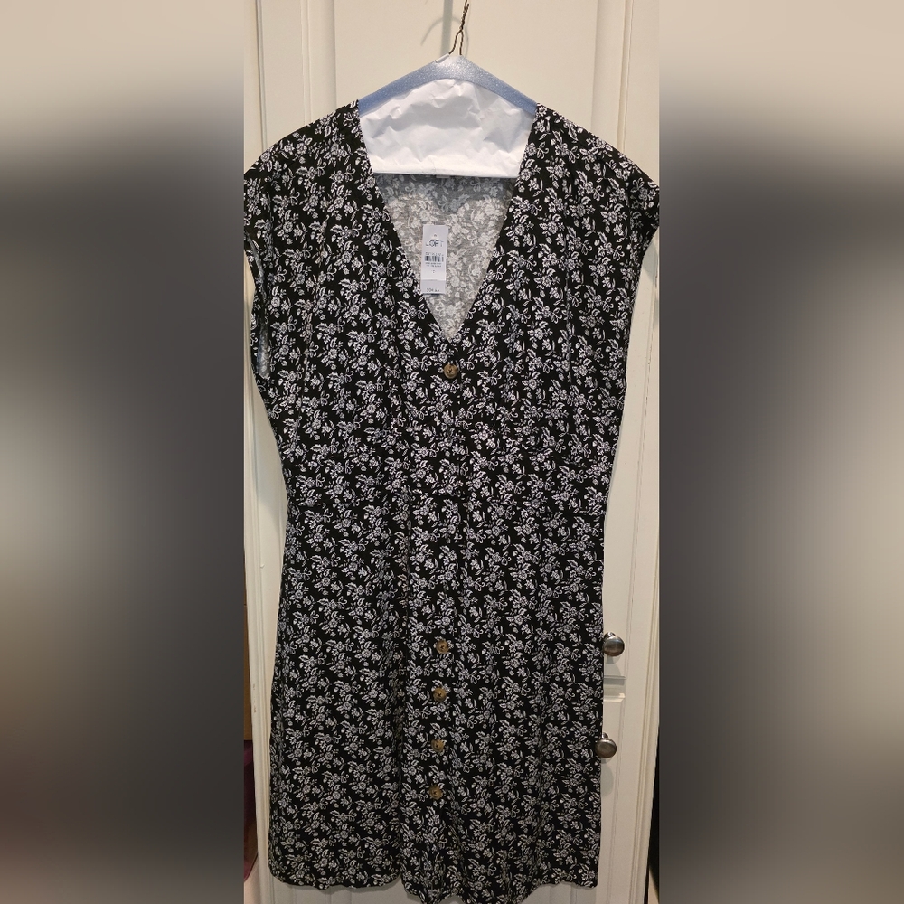 LOFT Black and White Floral Midi Dress